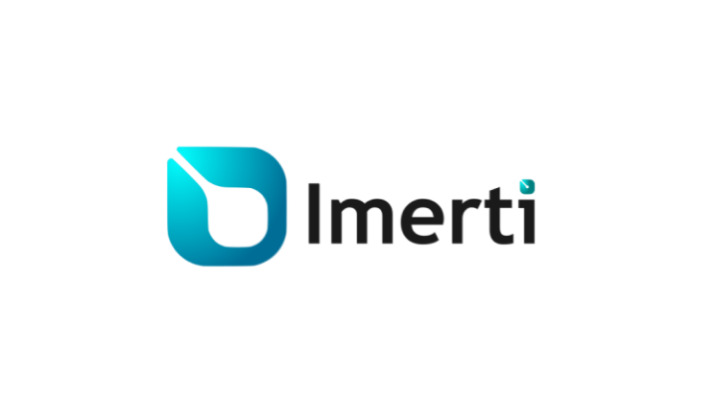 Eleganckie logo firmy Imerti: gradientowy, turkusowy symbol graficzny i czarny napis na białym tle. Minimalistyczny design.