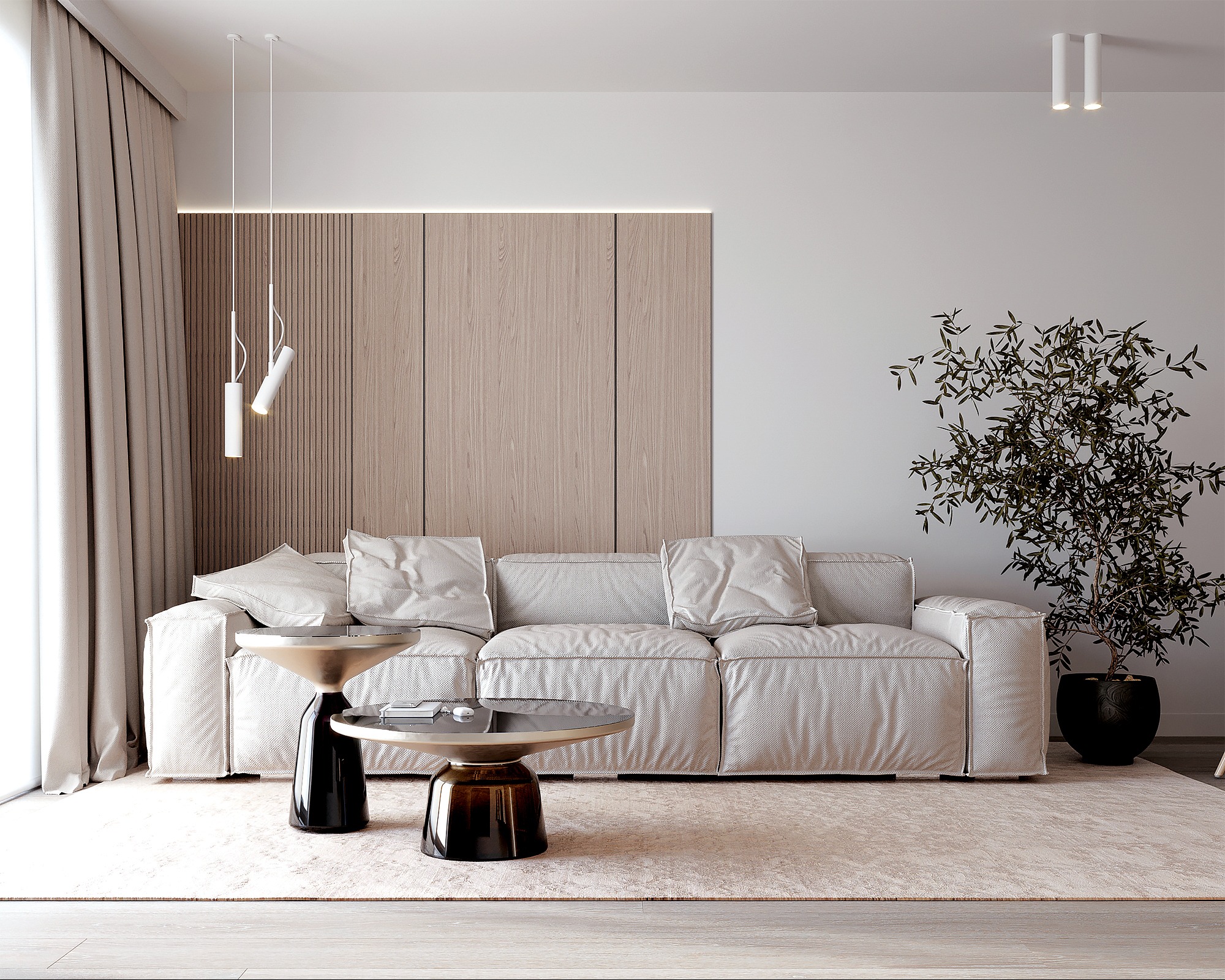 Jasny salon z beżową sofą, stolikami kawowymi i rośliną w doniczce. Drewniana ściana z podświetleniem LED. Minimalistyczne lampy wiszące i zasłony w oknie.