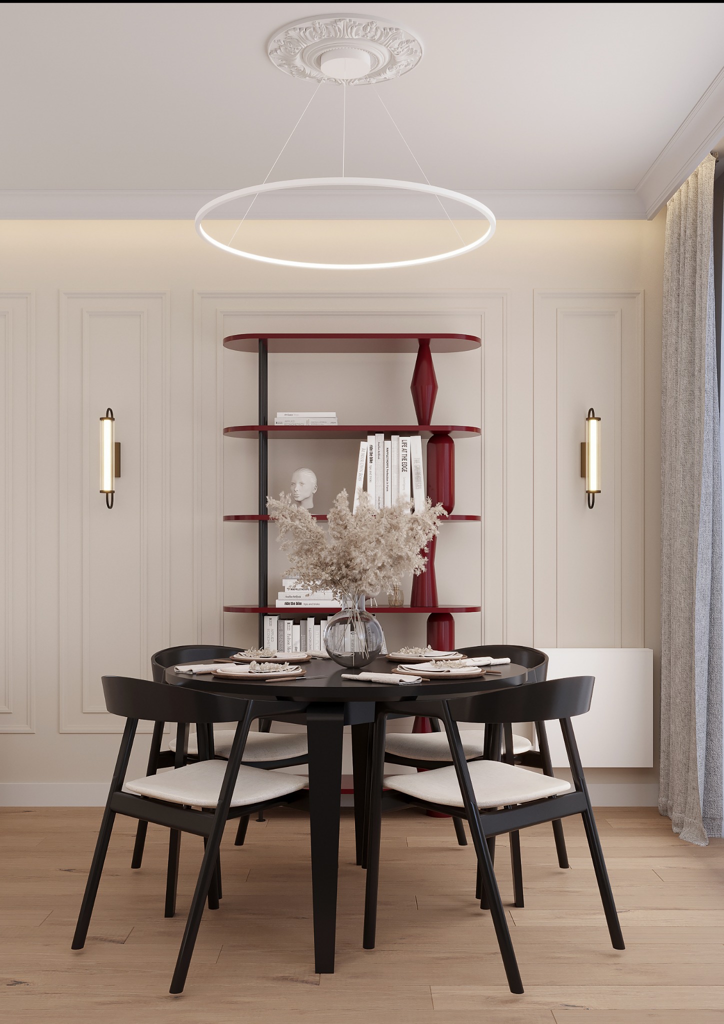 Elegancka jadalnia: czarny okrągły stół z nakryciem, krzesła w stylu skandynawskim, półka w kolorze burgundowym i nowoczesna lampa-okrąg w beżowym wnętrzu.