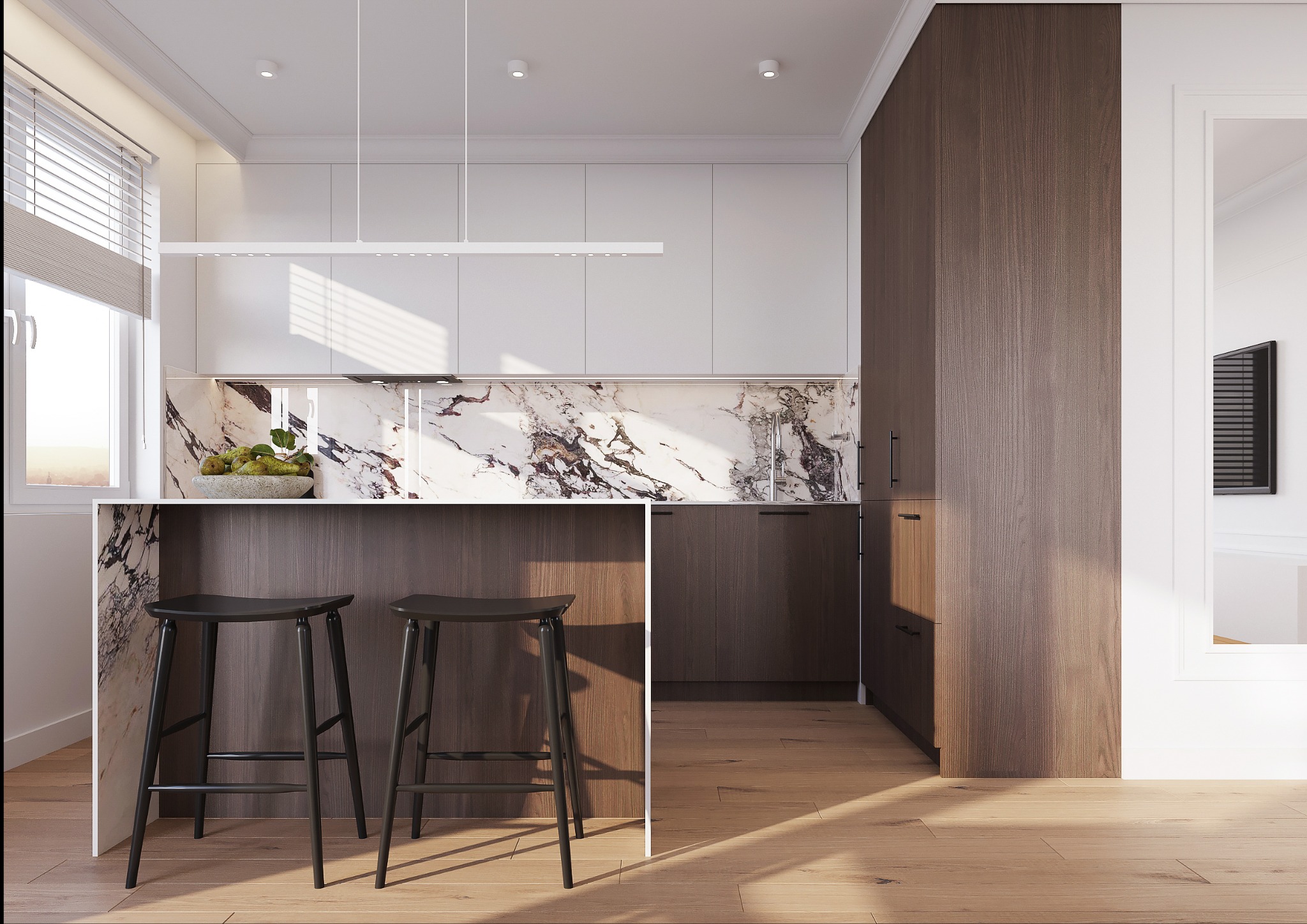 Nowoczesna kuchnia z wyspą wykończoną marmurem, drewniane szafki i parkiet, minimalistyczne oświetlenie, dwie czarne hokery. Stonowana kolorystyka.
