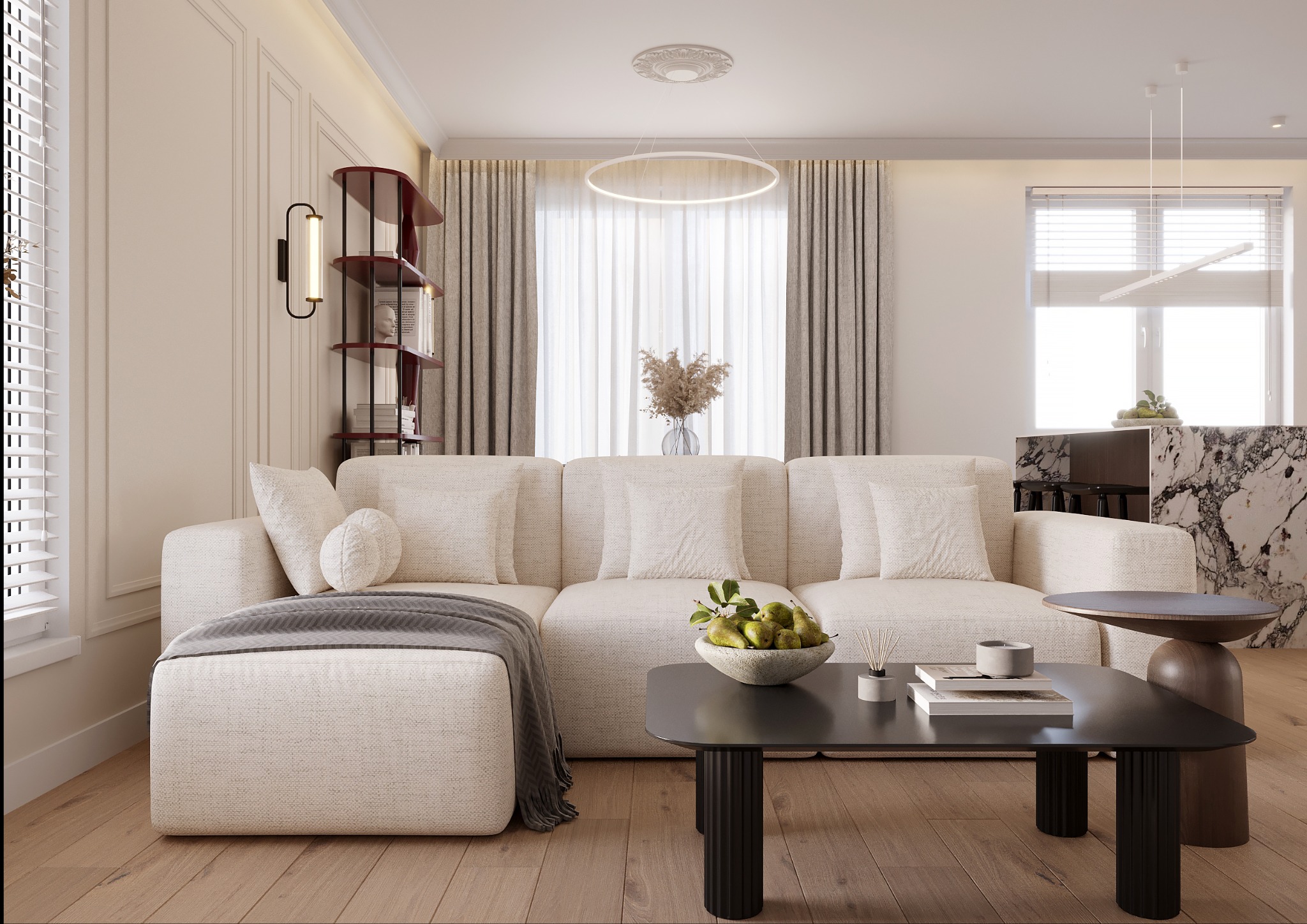 Jasne wnętrze salonu z narożną sofą, stolikiem kawowym i dekoracjami. Ściana z listwami, designerska lampa i półka. Widoczne elementy kuchni z marmurowym blatem.