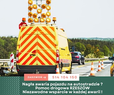 Żółty pojazd pomocy drogowej z sygnalizacją świetlną na autostradzie w Rzeszowie. Widoczne stożki ostrzegawcze i inne pojazdy. Pomoc drogowa w Rzeszowie.