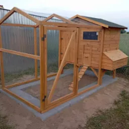 Drewniany kurnik z siatką, osadzony na betonowej podstawie. Widoczna drabinka, okienko i budka lęgowa. Tło stanowią trawa i drzewa.