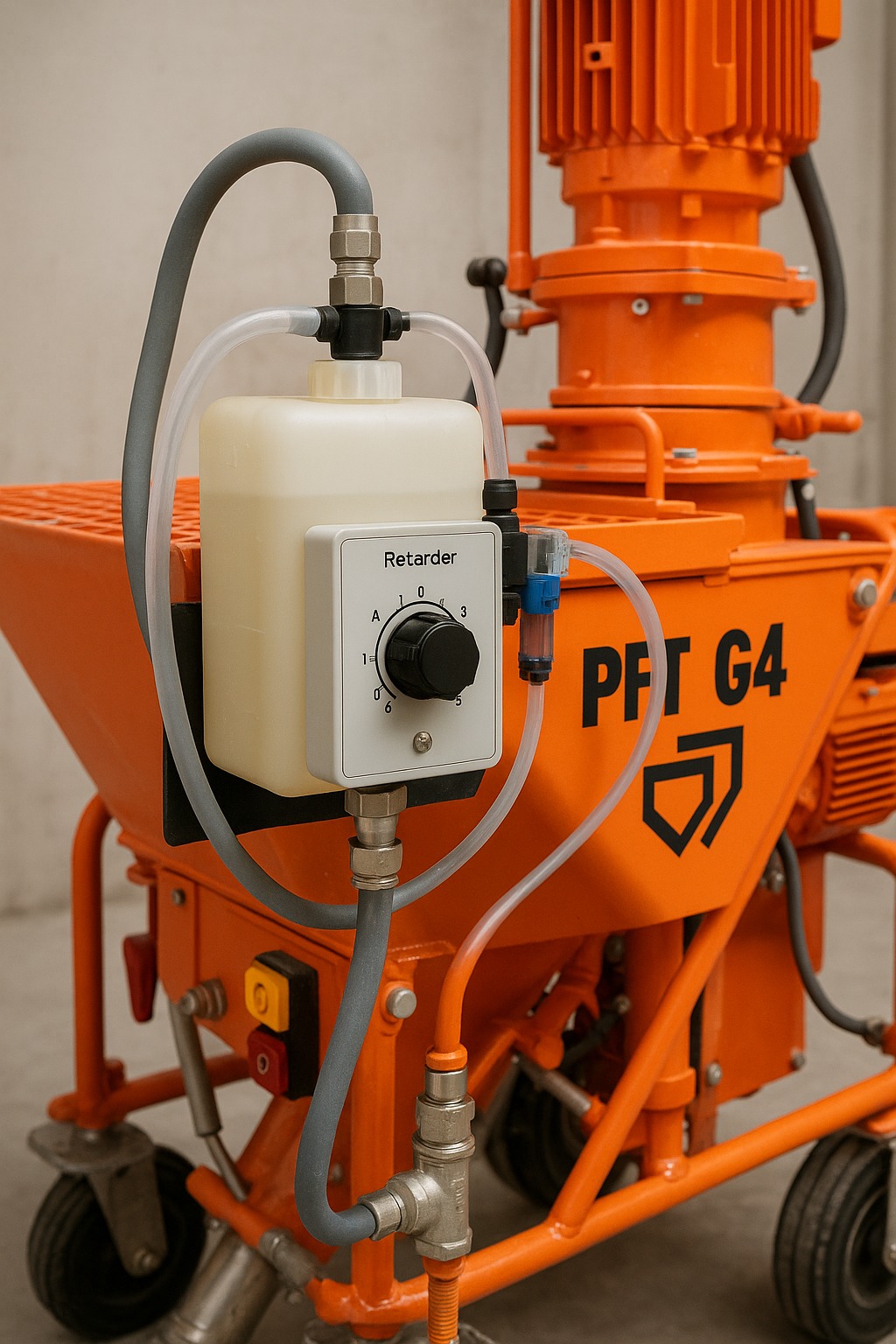 Pomarańczowa maszyna tynkarska PFT G4 z widocznym zbiornikiem na retarder i elementami sterującymi, ustawiona w pomieszczeniu o betonowym tle.