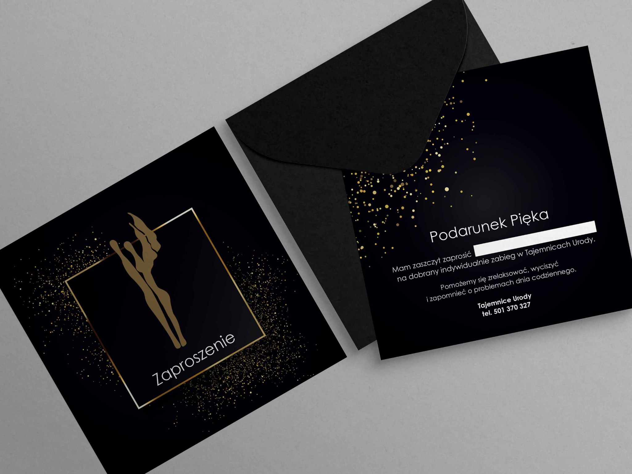Eleganckie zaproszenie i karta podarunkowa na zabiegi w Tajemnicach Urody, w czarno-złotej kolorystyce, z motywem kobiecej sylwetki w kwadratowej ramce.