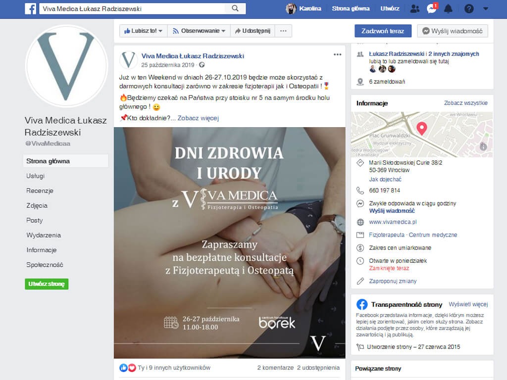 Profil Viva Medica na Facebooku. Promocja dni zdrowia i urody z bezpłatnymi konsultacjami fizjoterapeuty i osteopaty. Zdjęcie z masażu. Wrocław, 26-27 października.