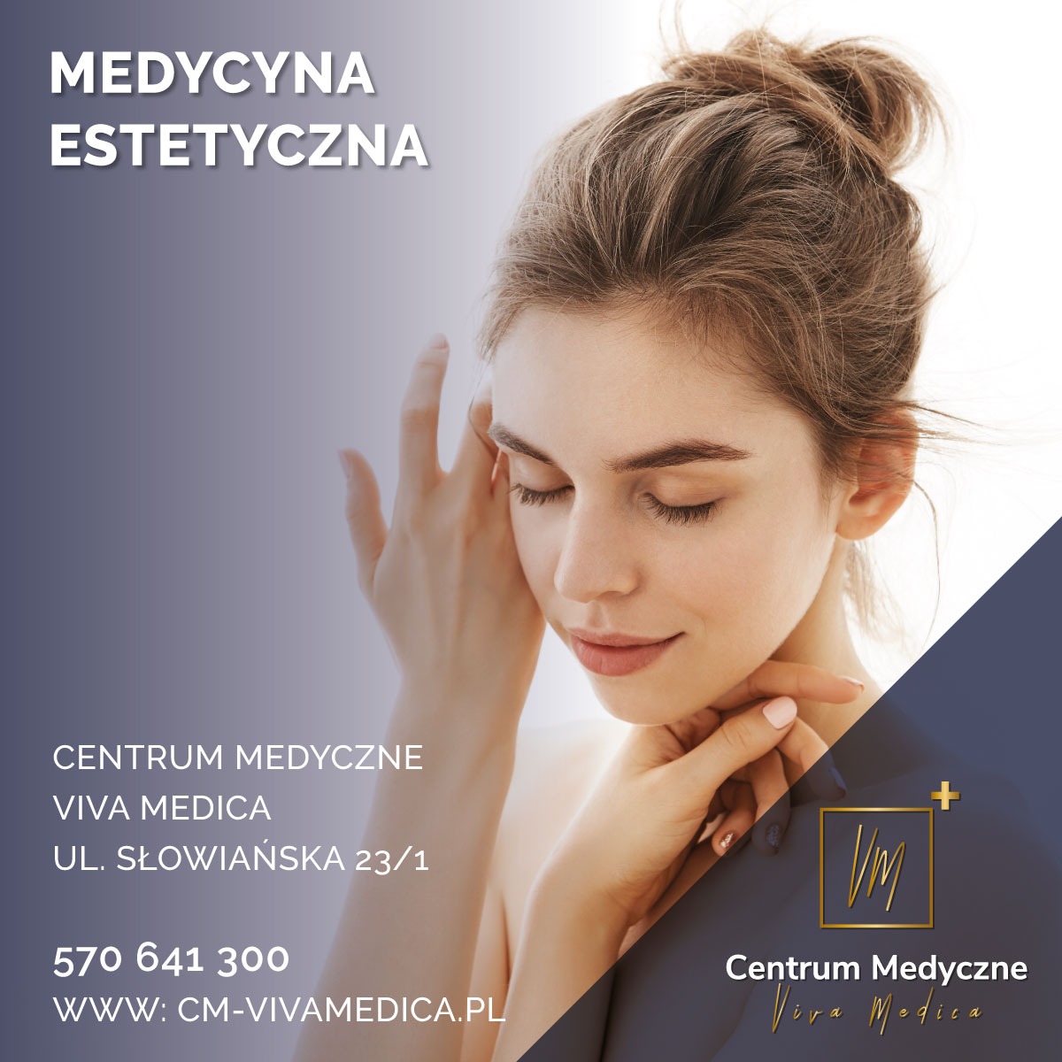 Plakat Centrum Medycyny Estetycznej Viva Medica z portretem kobiety, logo, adresem i numerem telefonu. Stonowana kolorystyka i elegancki design.