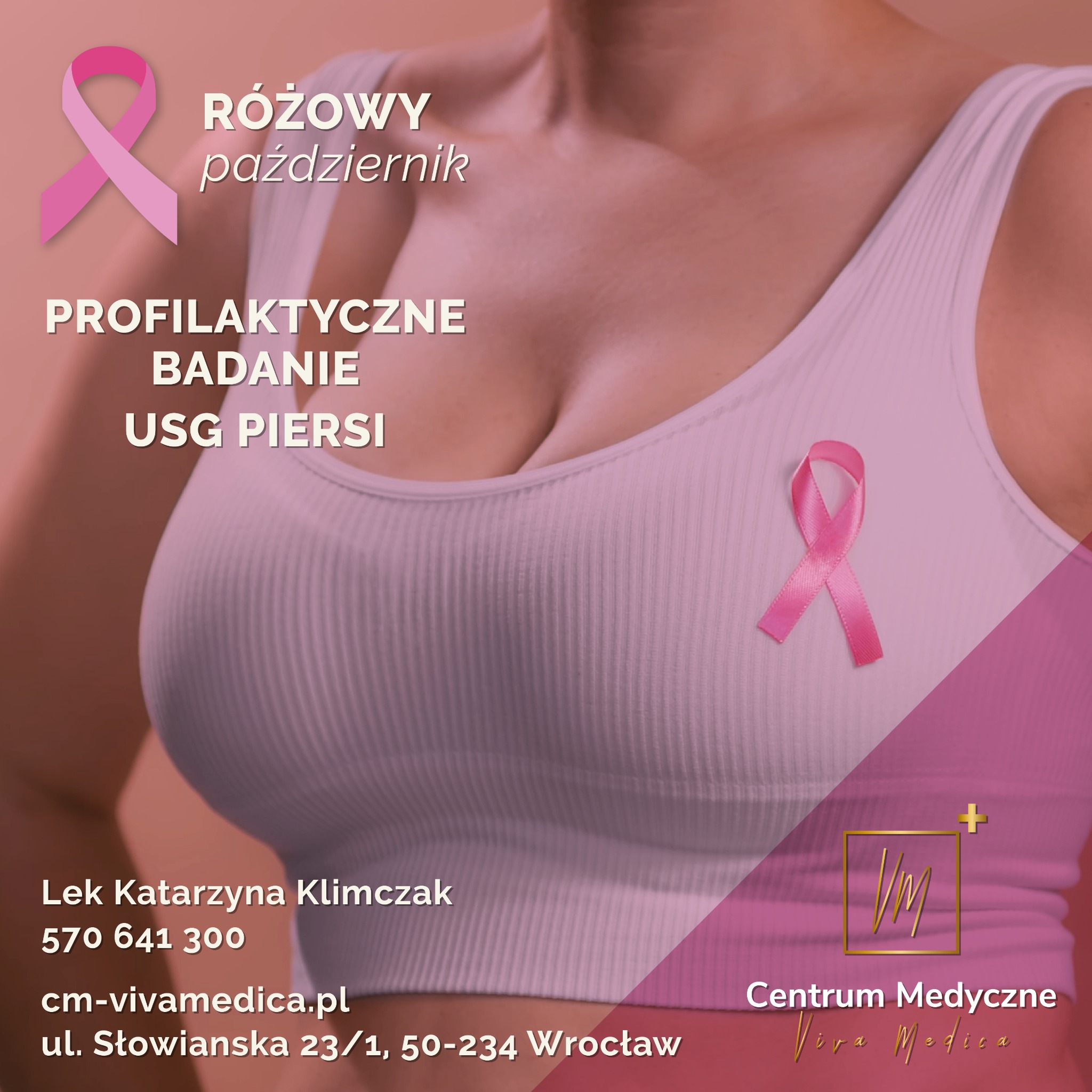Różowa wstążka symbolizuje profilaktyczne badanie USG piersi w październiku. Reklama centrum medycznego z danymi kontaktowymi i adresem we Wrocławiu.