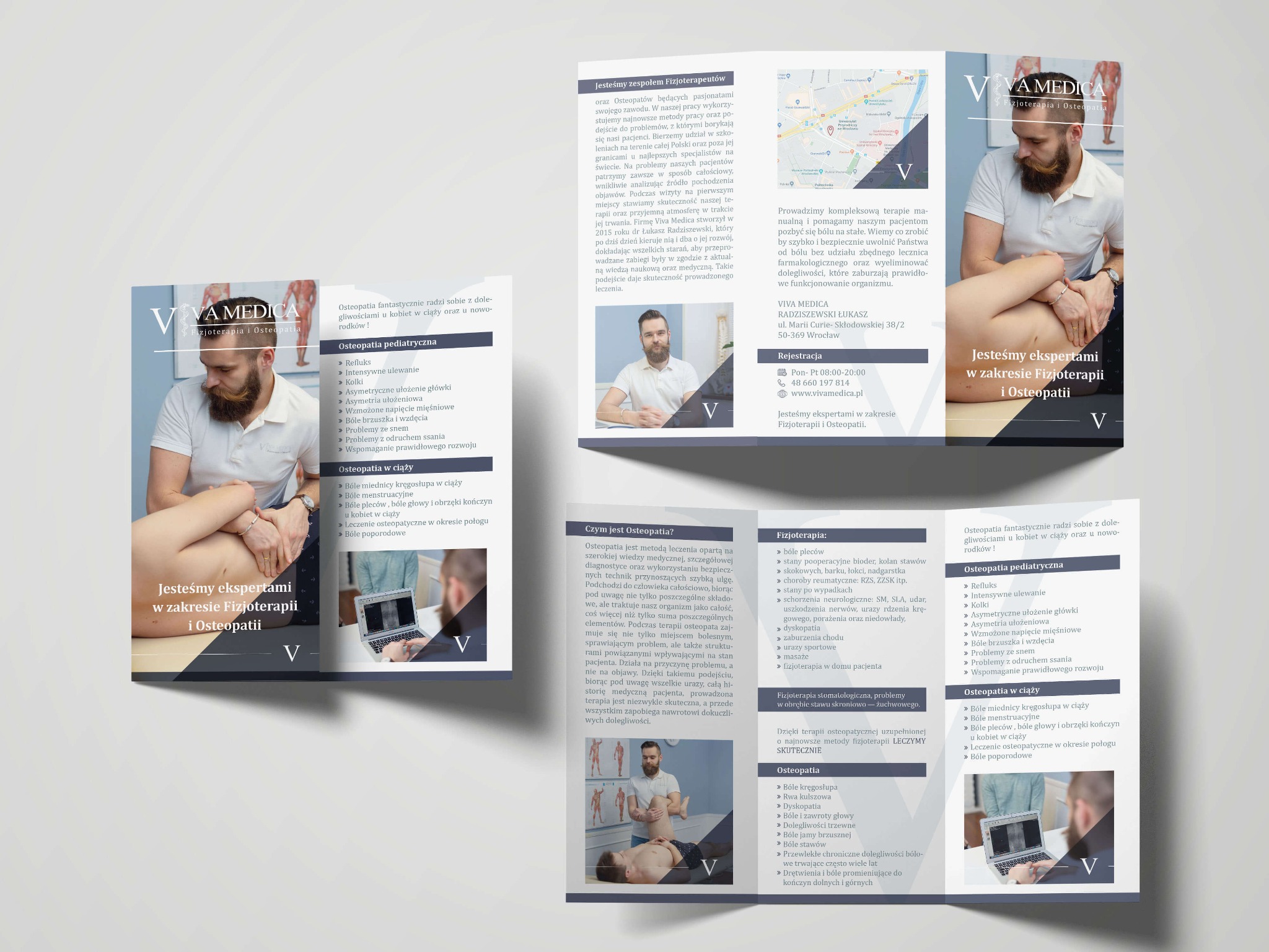 Ulotka reklamowa Viva Medica, fizjoterapia i osteopatia: informacje o ofercie, dane kontaktowe, adres, mapka dojazdu, lista dolegliwości leczonych osteopatycznie.