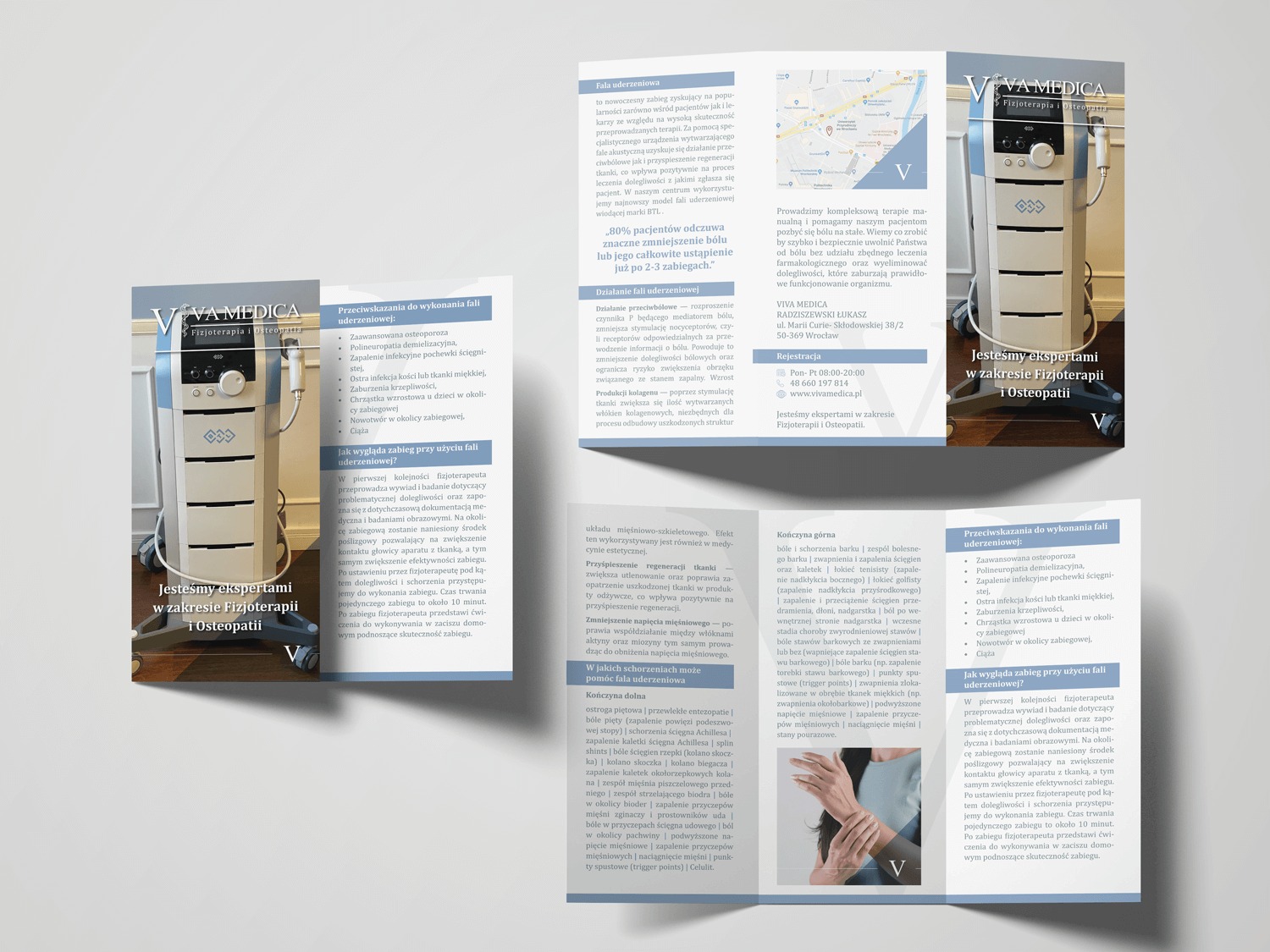Broszura informacyjna Viva Medica z aparatem do fali uderzeniowej, opisująca wskazania, przeciwwskazania i przebieg zabiegu fizjoterapeutycznego.