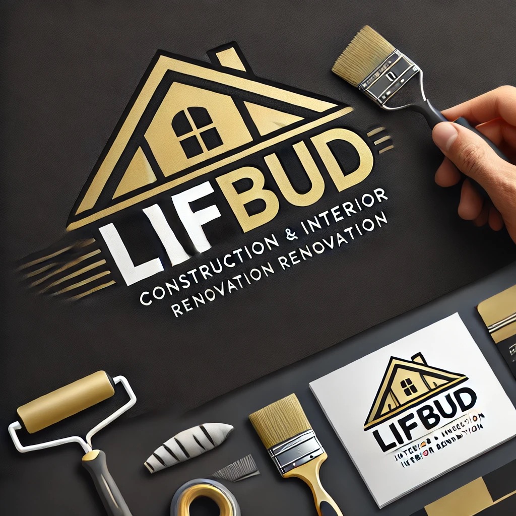 Graficzne przedstawienie firmy budowlanej LIFBUD z logo domu i narzędziami malarskimi: pędzle, wałek. Elegancka kompozycja w odcieniach złota, bieli i czerni.