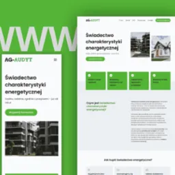 Strona internetowa AG-Audyt prezentująca ofertę świadectw charakterystyki energetycznej, z formularzem i informacjami o procesie zakupu.