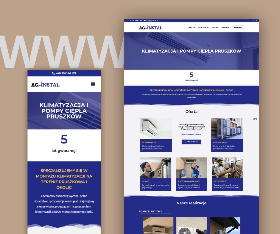 Responsywna strona internetowa AG-Instal na laptopie i smartfonie. Oferta: klimatyzacja i pompy ciepła Pruszków. 5 lat gwarancji, montaż, serwis, przeglądy, czyszczenie.