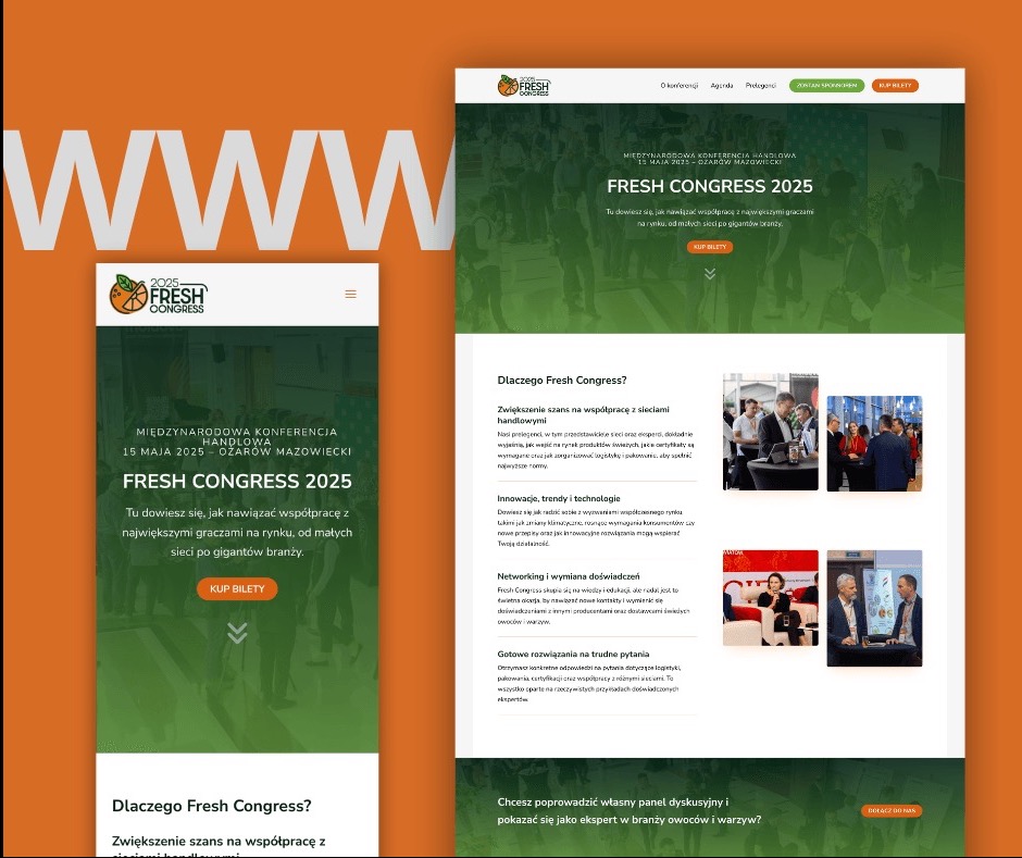 Responsywny design strony internetowej konferencji Fresh Congress 2025, widok na desktopie i smartfonie. Kolorystyka pomarańczowa z grafiką owoców, widoczne menu i przyciski.