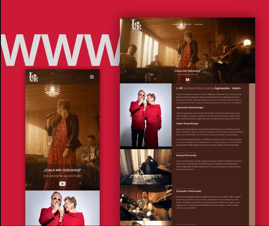 Prezentacja responsywnej strony internetowej zespołu muzycznego z elementami interfejsu na smartfonie i komputerze, w kolorystyce czerwonej i białej.