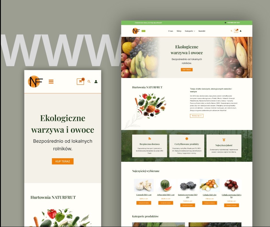 Responsywny design strony internetowej hurtowni z ekologicznymi warzywami i owocami, widok desktop i mobile, z zieloną kolorystyką i zdjęciami produktów.