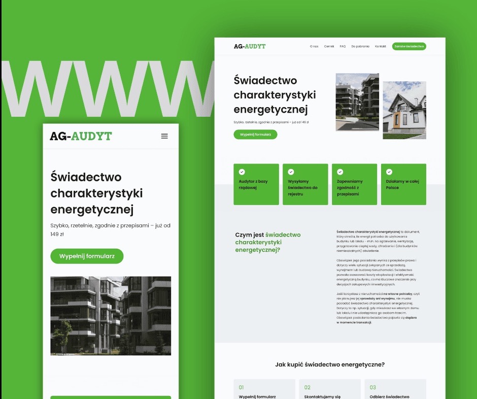 Strona internetowa AG-Audyt prezentująca ofertę świadectw charakterystyki energetycznej, z formularzem i informacjami o procesie zakupu.