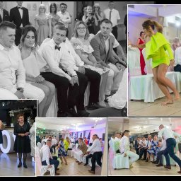 Laboratorium i Studio Fotograficzne RAW S.C. - Kolaż z wesela: zabawa taneczna, goście siedzący w rzędzie, para młoda z mikrofonem, rodzinne zdjęcie z dekoracją 'LOVE'.