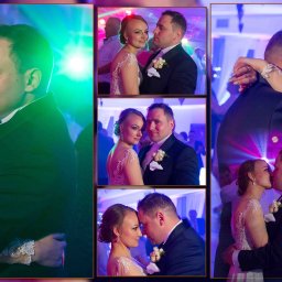 Laboratorium i Studio Fotograficzne RAW S.C. - Kolaż ze ślubu: para młoda w tańcu, zbliżenia, pocałunek. Kolorowe oświetlenie dyskotekowe. Panna młoda w sukni z koronkowymi aplikacjami, pan młody w smokingu.