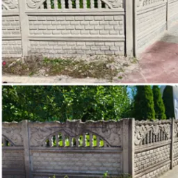 Zdjęcie 'przed i po' czyszczenia dekoracyjnego, betonowego ogrodzenia. Górna część kadru prezentuje czysty element, a dolna zabrudzony, porośnięty mchem.