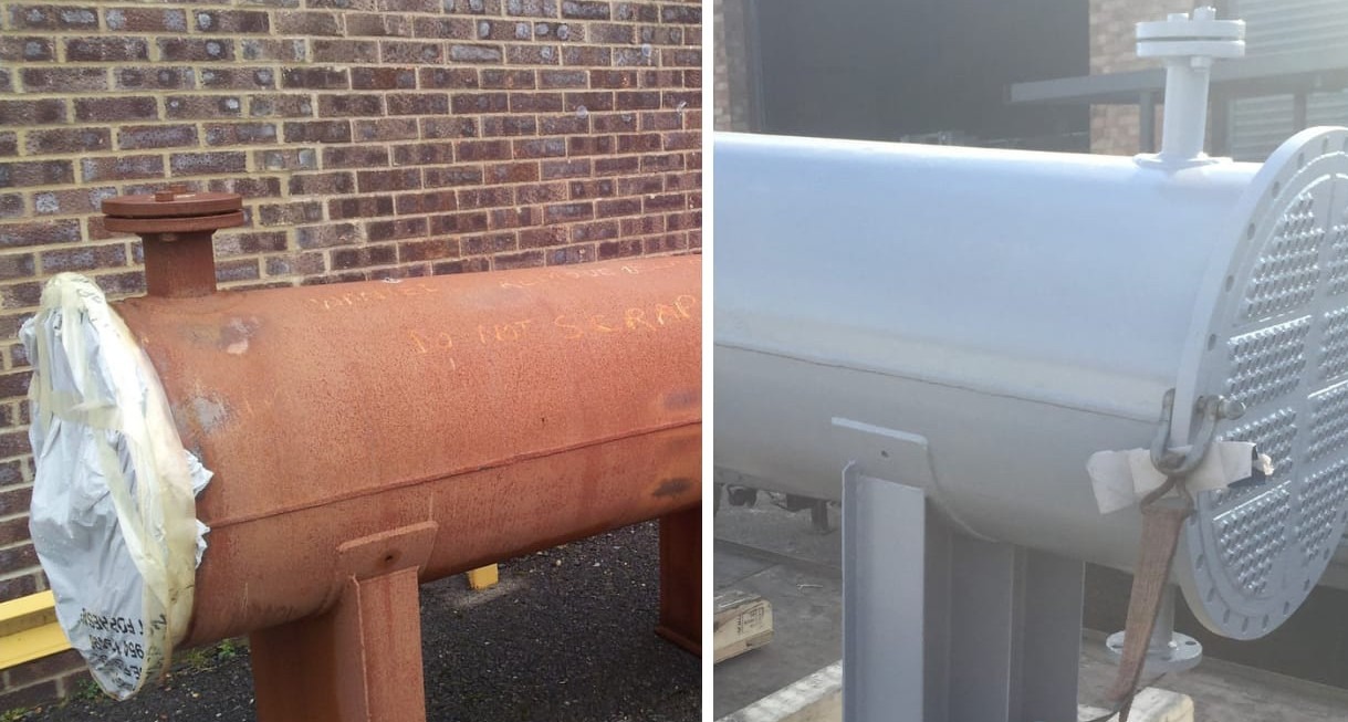 Porównanie: skorodowany zbiornik przed i po czyszczeniu/malowaniu. Po lewej: rdzawy zbiornik z ceglanym tłem. Po prawej: odnowiony, szary zbiornik.