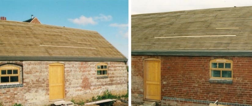 Dwa ujęcia budynku gospodarczego z cegły z nowym dachem z drewnianych desek. Na pierwszym ujęciu widoczne nieoczyszczone ślady po remoncie, na drugim czysty budynek.