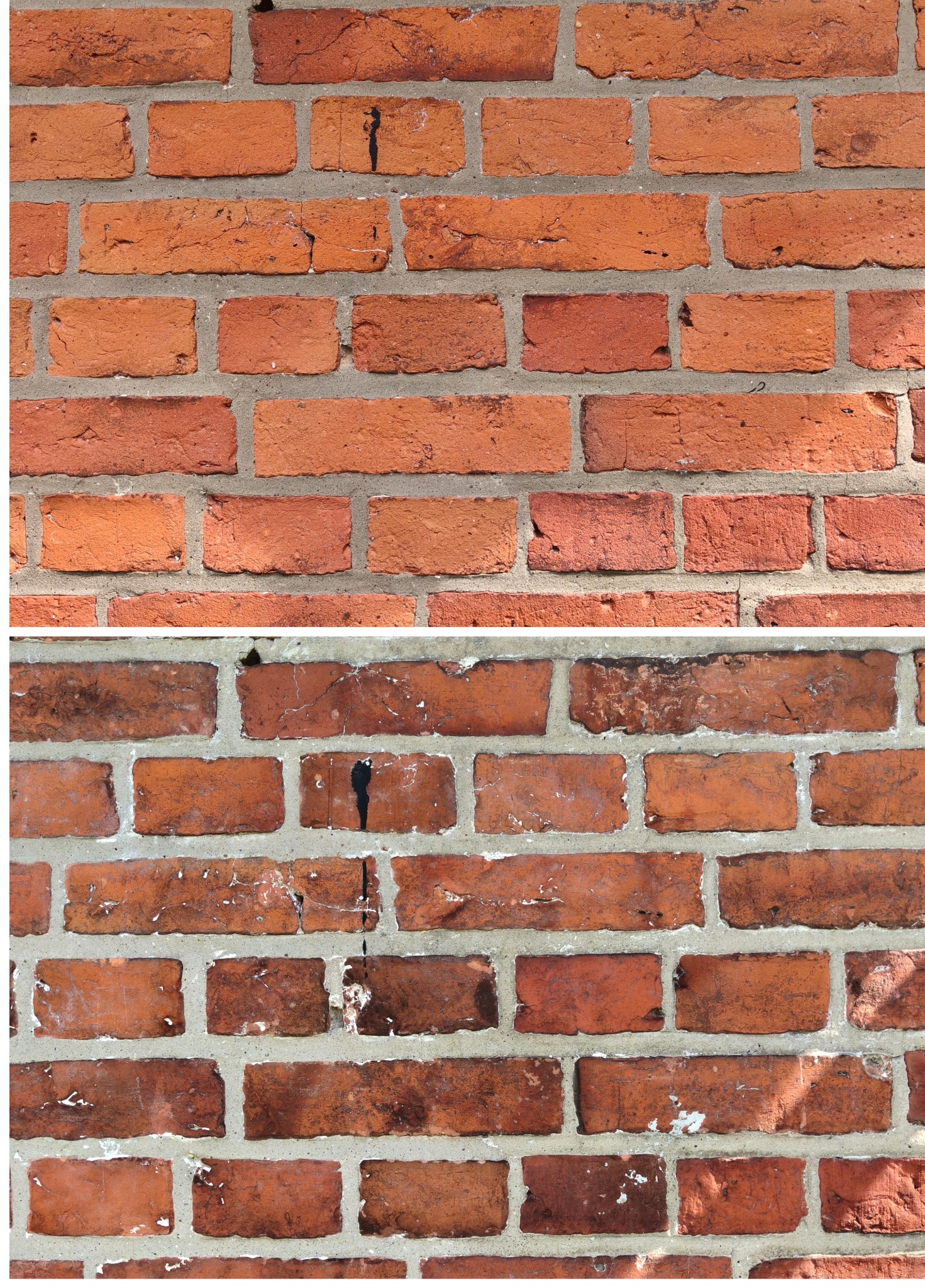 Ceglana ściana: górna część z czystymi cegłami, dolna z zabrudzeniami i zaciekami, tworząca efekt przed i po czyszczeniu.