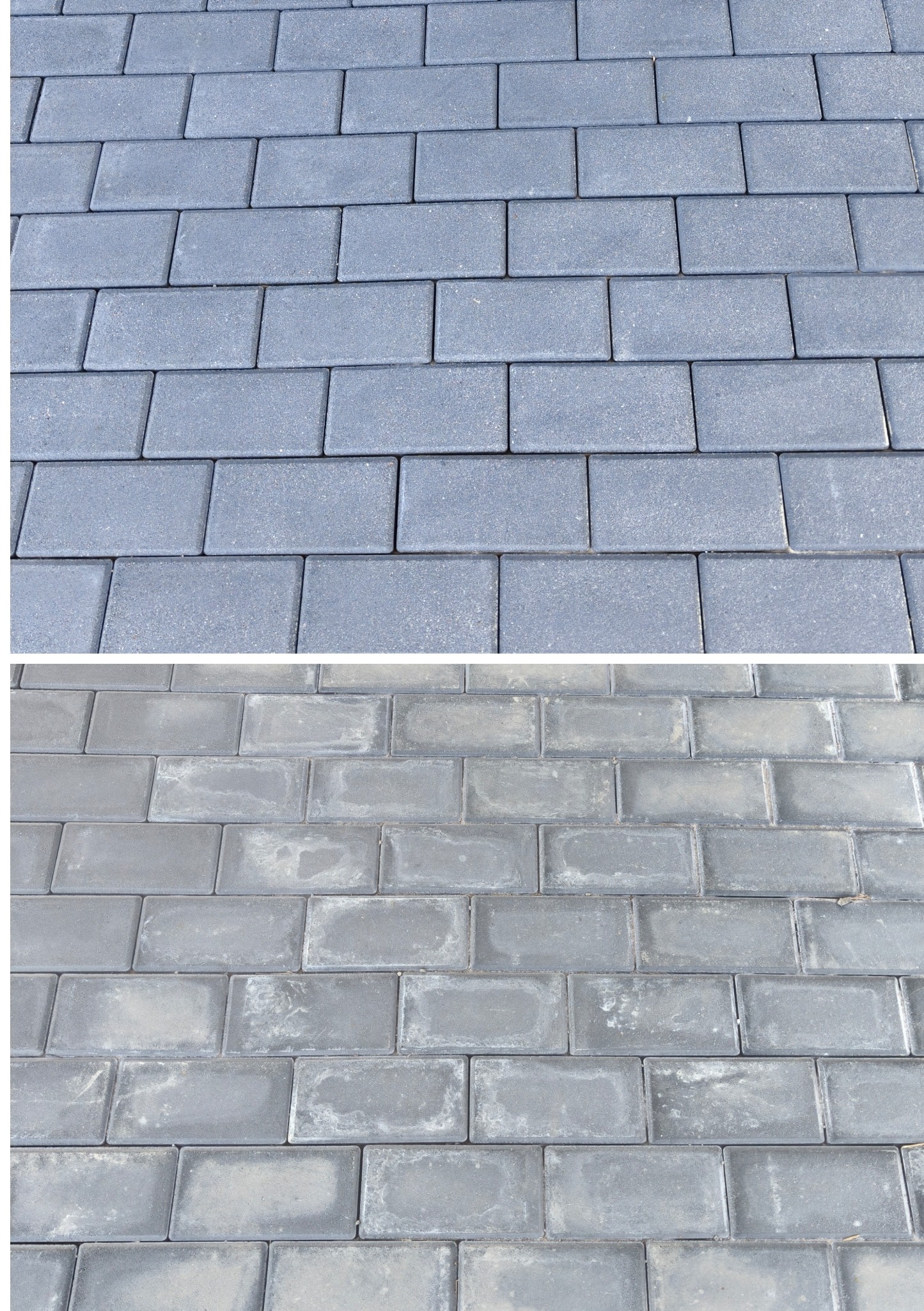 Zdjęcie kostki brukowej przed i po czyszczeniu. Górna część jest czysta i ma intensywny kolor, dolna część jest brudna i wyblakła. Widok z góry.