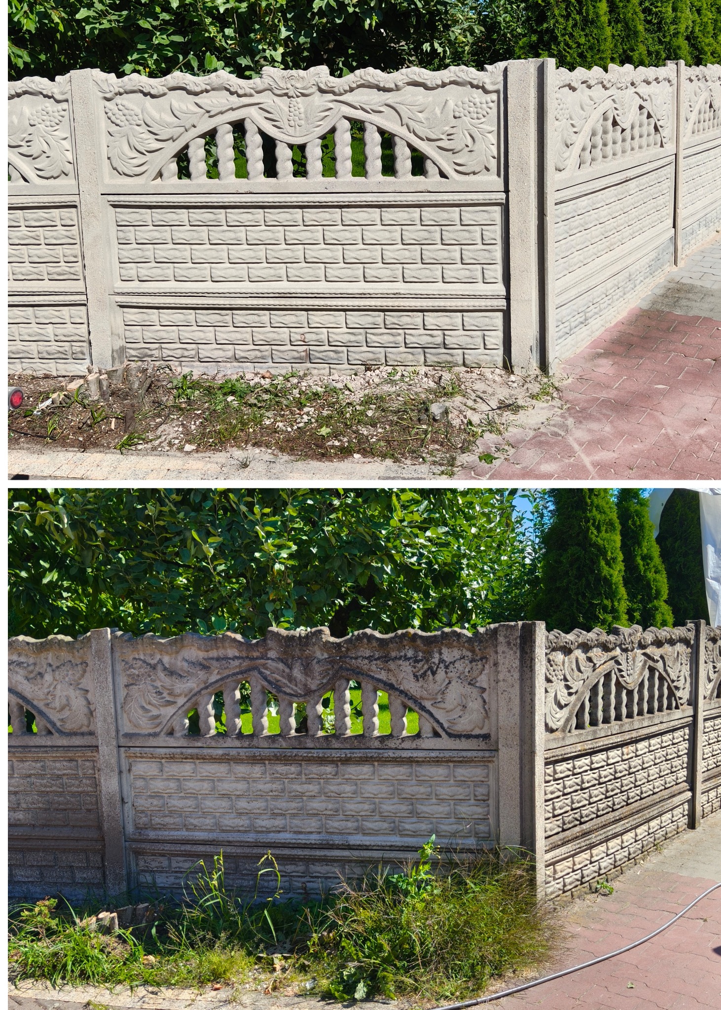 Zdjęcie 'przed i po' czyszczenia dekoracyjnego, betonowego ogrodzenia. Górna część kadru prezentuje czysty element, a dolna zabrudzony, porośnięty mchem.