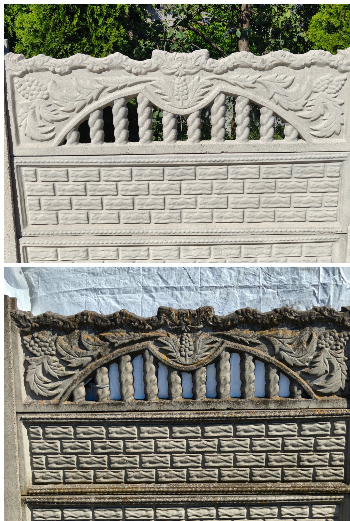 Płyta ogrodzeniowa z betonu: górna część wyczyszczona, dolna pokryta brudem i mchem. Widoczne zdobienia z motywem winogron i imitacją muru z cegły.