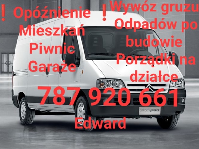 Citroen Jumper z czerwonymi napisami: Wywóz gruzu, Odpadów po budowie, Porządki na działce, Opróżnianie mieszkań, Piwnic, Garaży, numer telefonu i imię Edward.