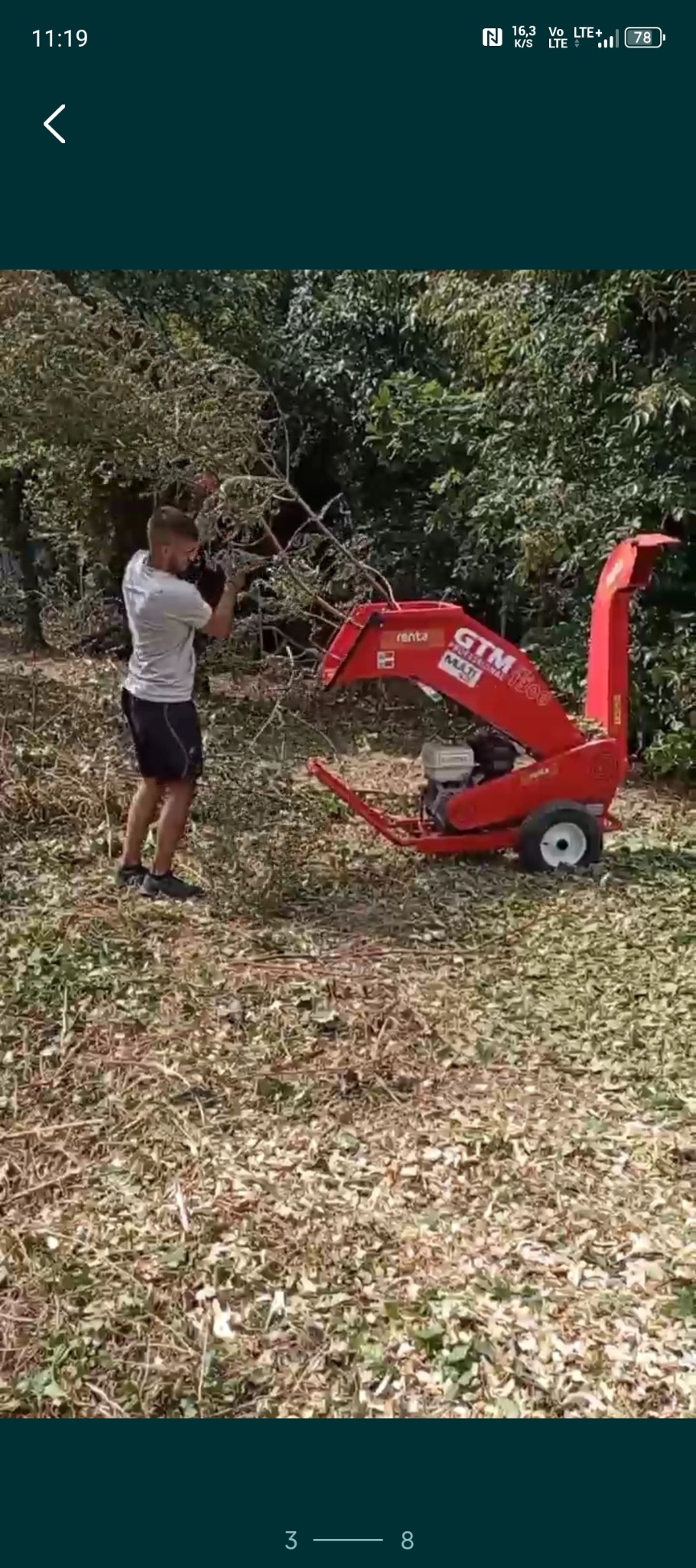 Mężczyzna wrzuca gałęzie do czerwonego rębaka GTM 1500 na tle drzew i rozdrobnionych gałęzi. Praca w ogrodzie, wycinka gałęzi.
