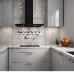 EWA CISZEWICZ-KRITSCHGAU Studio Projektowe Wnętrz Evahause- Luxury - Nowoczesna kuchnia w odcieniach szarości z marmurowym blatem i czarnymi akcentami, oświetlona punktowo, z widocznym logo 'Evahause Luxury'.