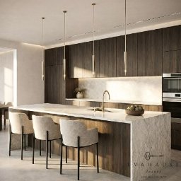 EWA CISZEWICZ-KRITSCHGAU Studio Projektowe Wnętrz Evahause- Luxury - Nowoczesna kuchnia z wyspą i marmurowym blatem. Minimalistyczne lampy wiszące nad wyspą. Ciemne drewniane szafki i jasne krzesła barowe. Stonowana kolorystyka.