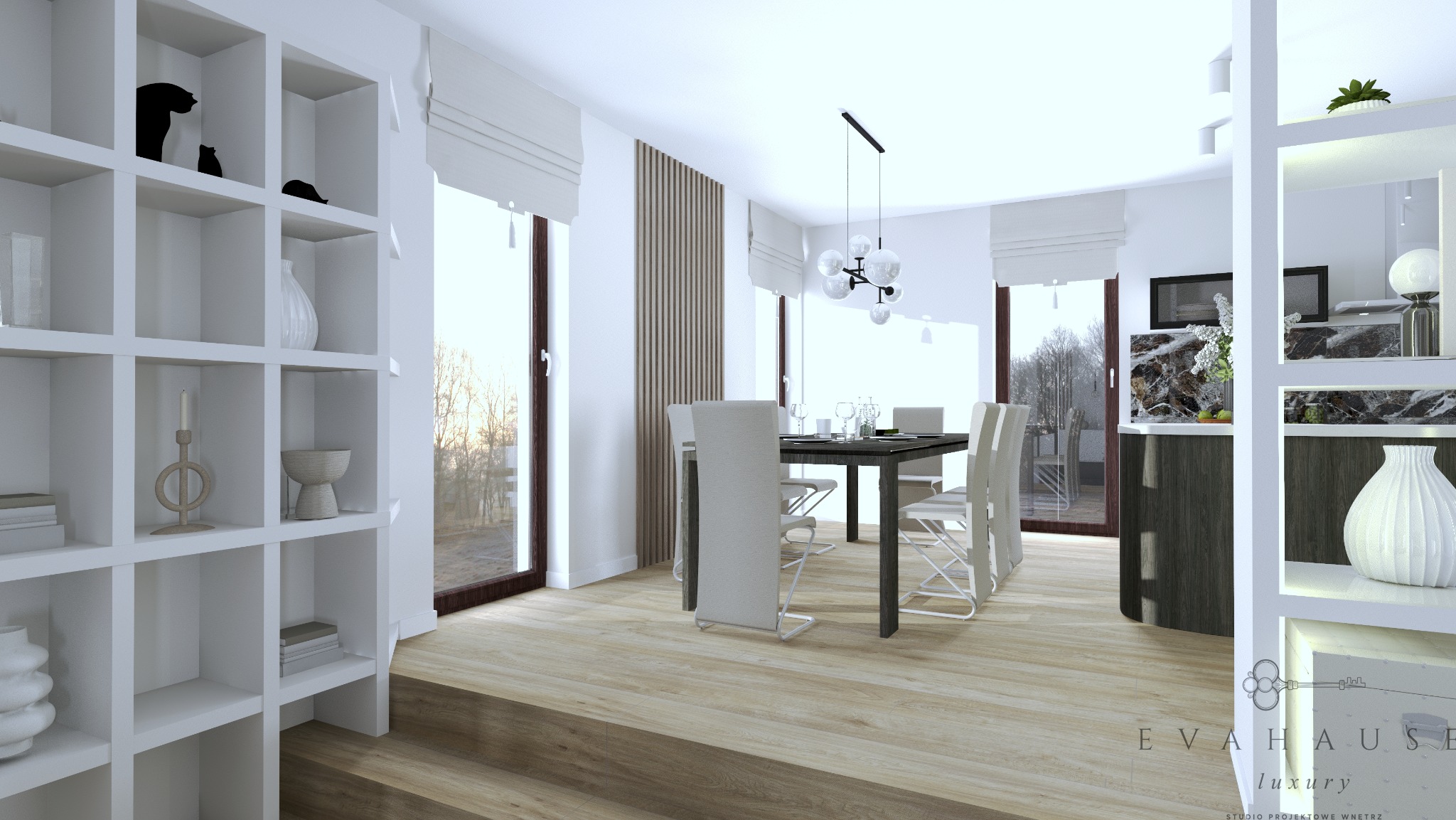 Wizualizacja jadalni w jasnych barwach z drewnianą podłogą i dużymi oknami. Na pierwszym planie biały regał z dekoracjami. Nowoczesny żyrandol nad stołem.