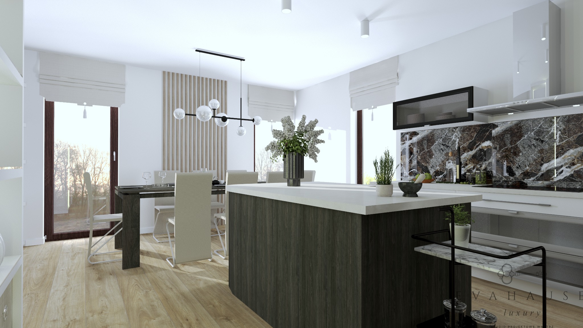 Nowoczesna kuchnia z wyspą i marmurowym backsplash'em. Minimalistyczne oświetlenie, drewniane akcenty i jasne kolory tworzą przestronne, eleganckie wnętrze.