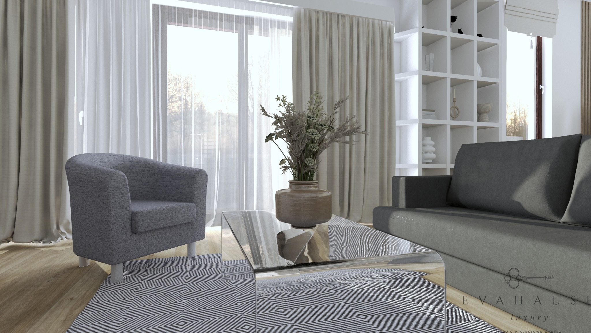 Stylowy salon z szarym fotelem i sofą, geometryczny dywan, szklany stolik z wazonem. Białe zasłony i regał w tle. Jasne, naturalne światło.