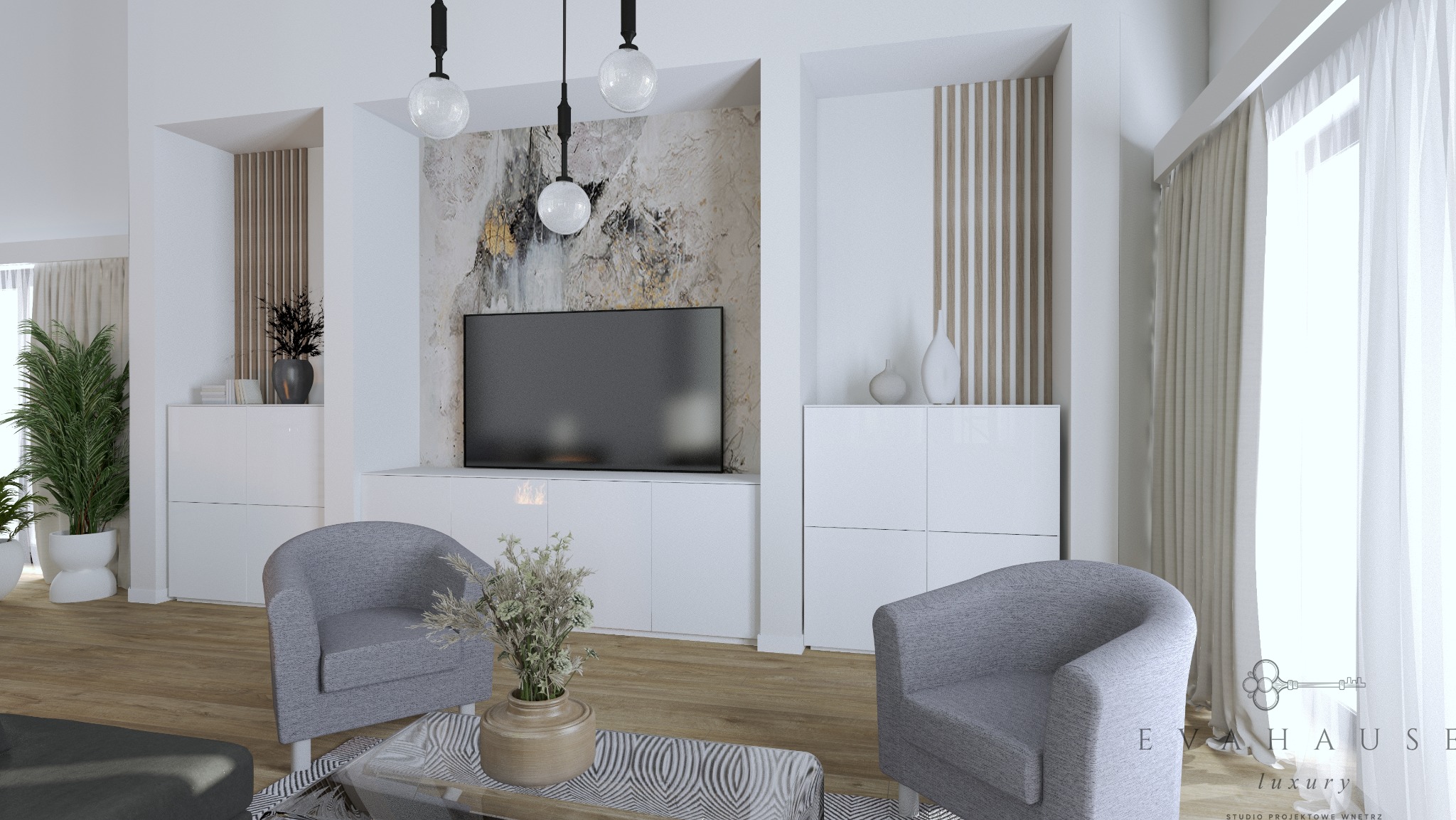 Elegancki salon z szarymi fotelami, białą zabudową meblową i abstrakcyjną tapetą. Nowoczesne oświetlenie i drewniana podłoga dodają wnętrzu ciepła i stylu.