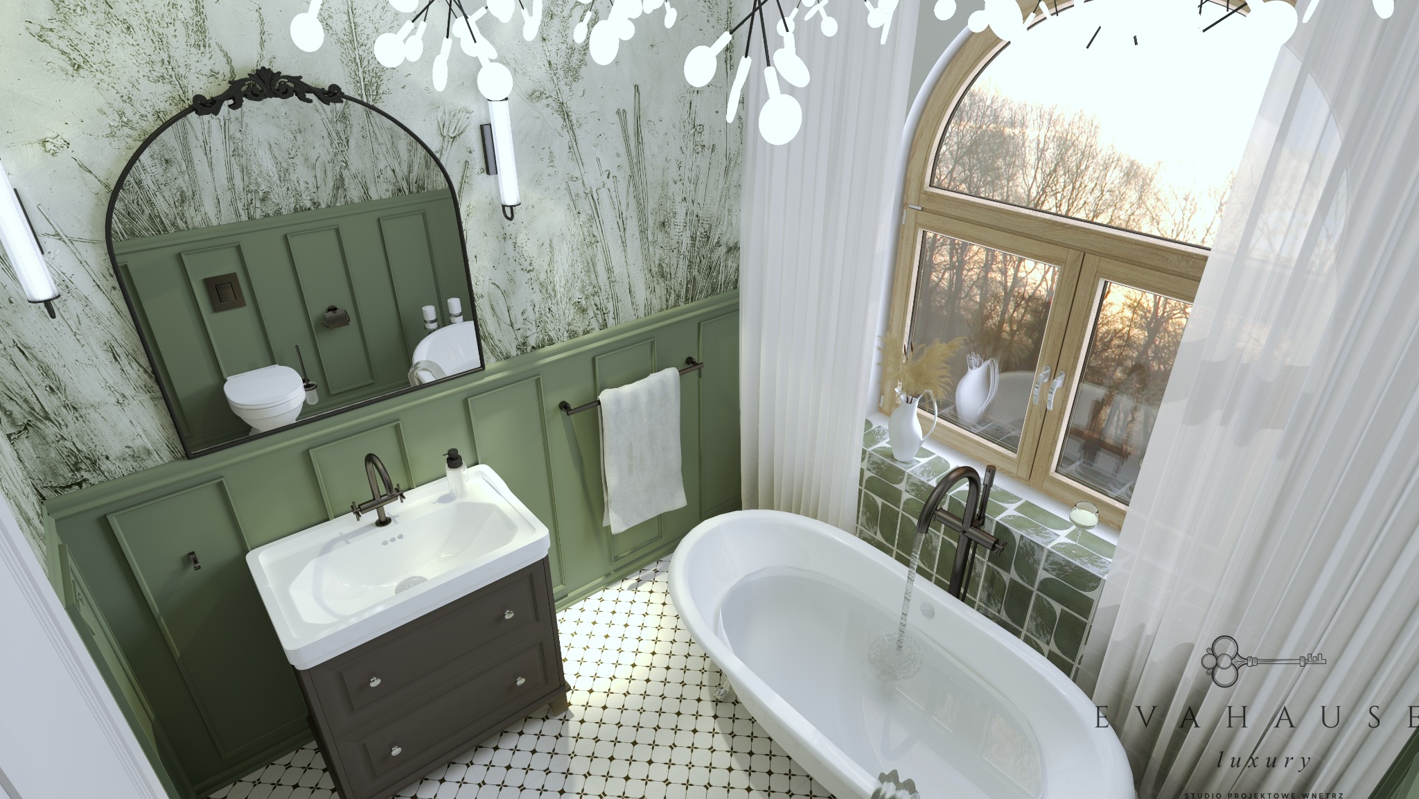 Stylowa łazienka z wanną wypełnioną wodą, umywalką z szafką w odcieniach brązu i zieleni. Lustro w ozdobnej ramie odbija toaletę. Całość dopełnia okno z widokiem na zewnątrz.