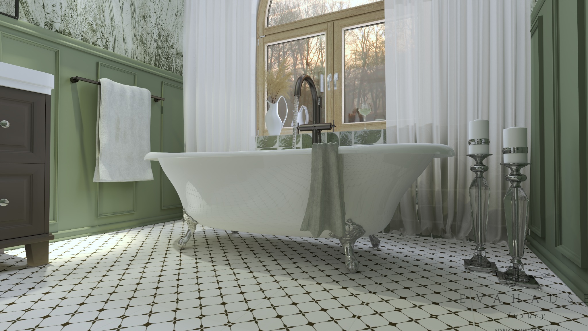 Elegancka łazienka w stylu retro z białą wanną na lwich nóżkach, zielonymi panelami ściennymi i wzorzystą podłogą. Okno z widokiem na drzewa za firankami.