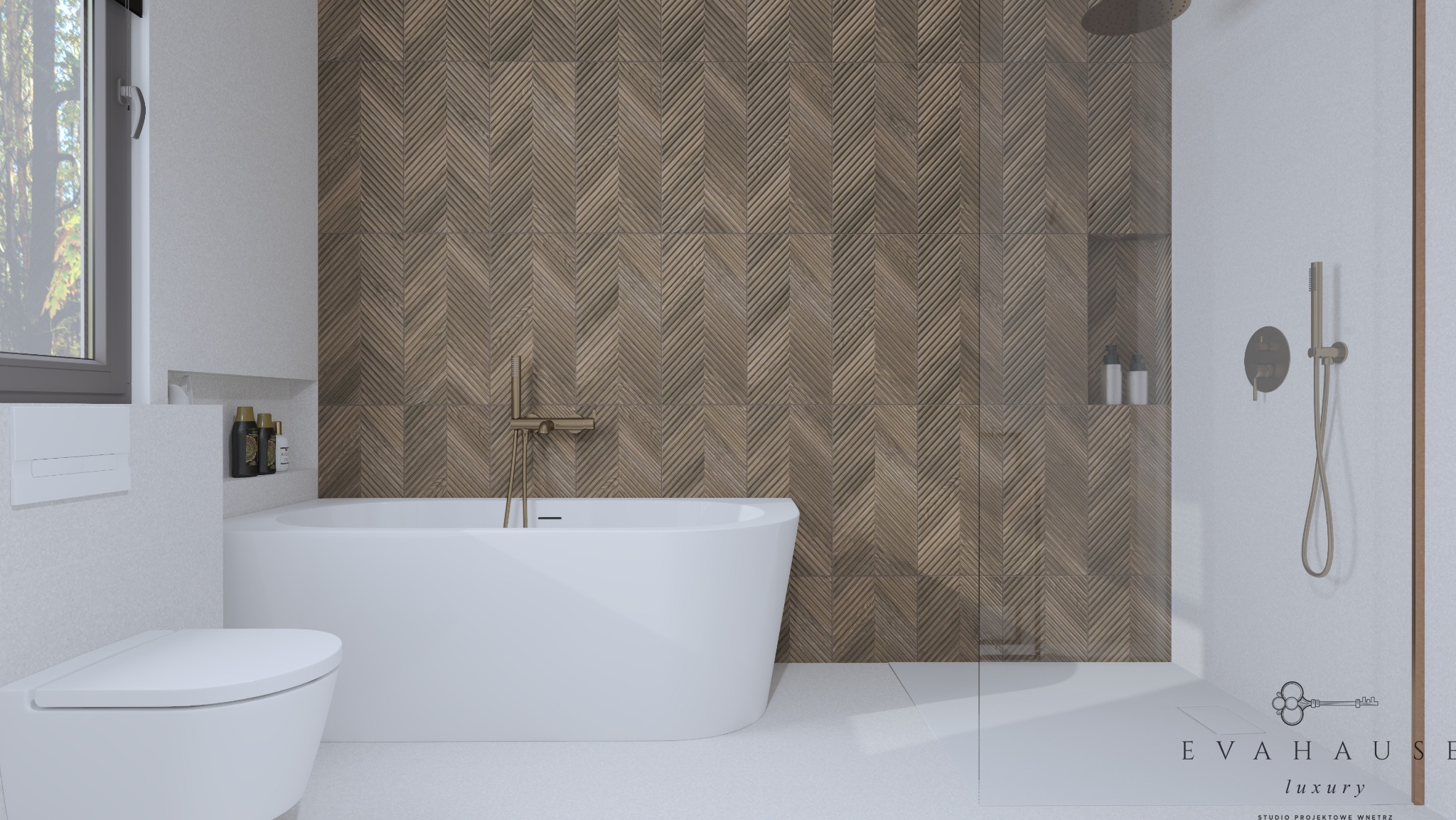 Nowoczesna łazienka z wanną, toaletą i prysznicem typu walk-in. Uwagę przyciągają drewnopodobne płytki ułożone w jodełkę na ścianie prysznica i za wanną.