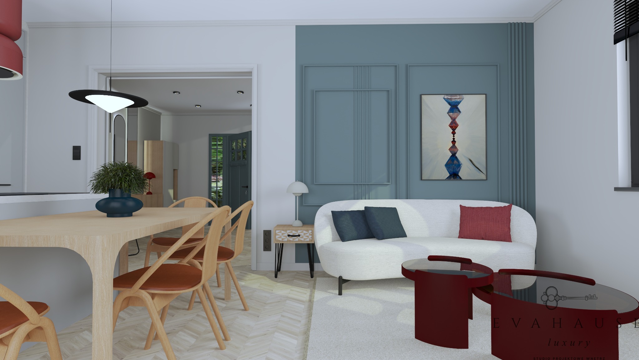 Jasne wnętrze: stół z rośliną, krzesła, sofa z poduszkami, stoliki kawowe. Błękitna ściana z obrazem. Widok na dalsze pomieszczenia. Nowoczesny design.