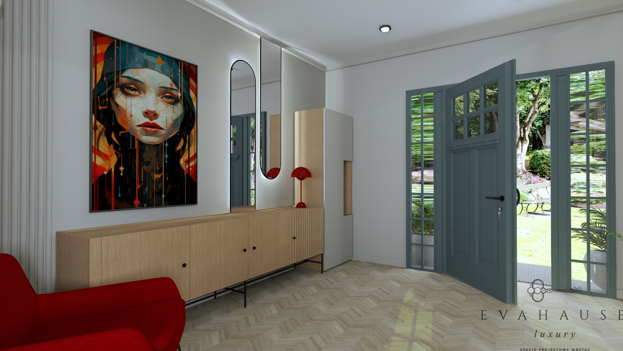 Nowoczesny przedpokój z drewnianą komodą, lustrami w czarnych ramach i obrazem kobiety. Widok na ogród przez otwarte, szare drzwi.