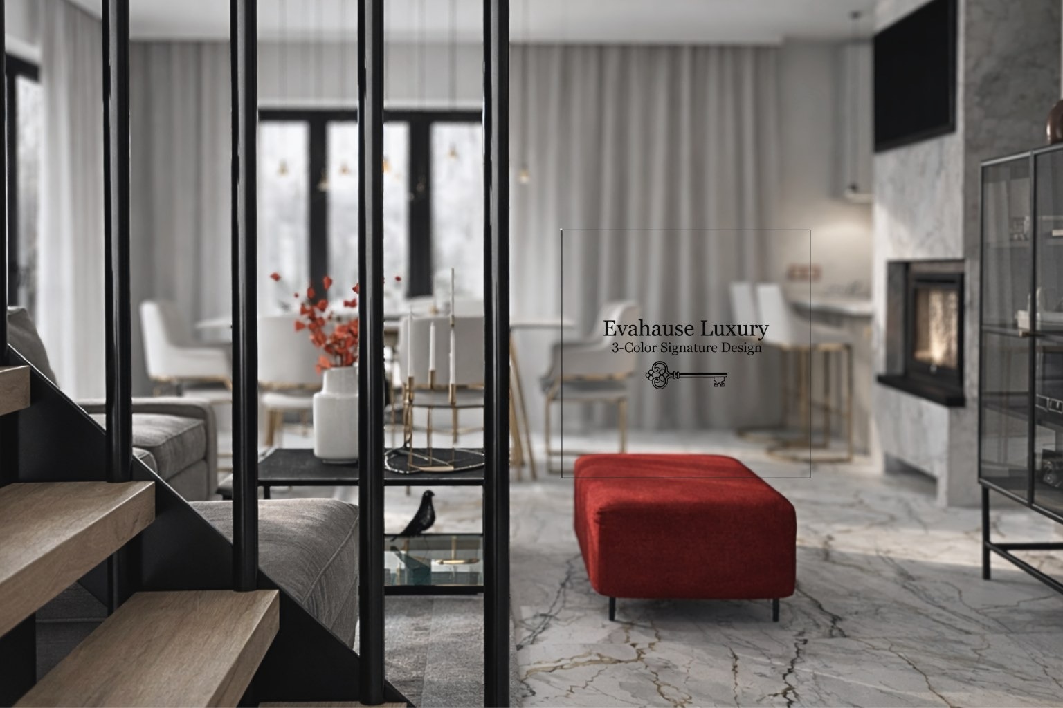 Eleganckie wnętrze salonu z marmurową podłogą, czerwonym pufem i schodami z drewnianymi stopniami. Widoczny kominek i dekoracje.