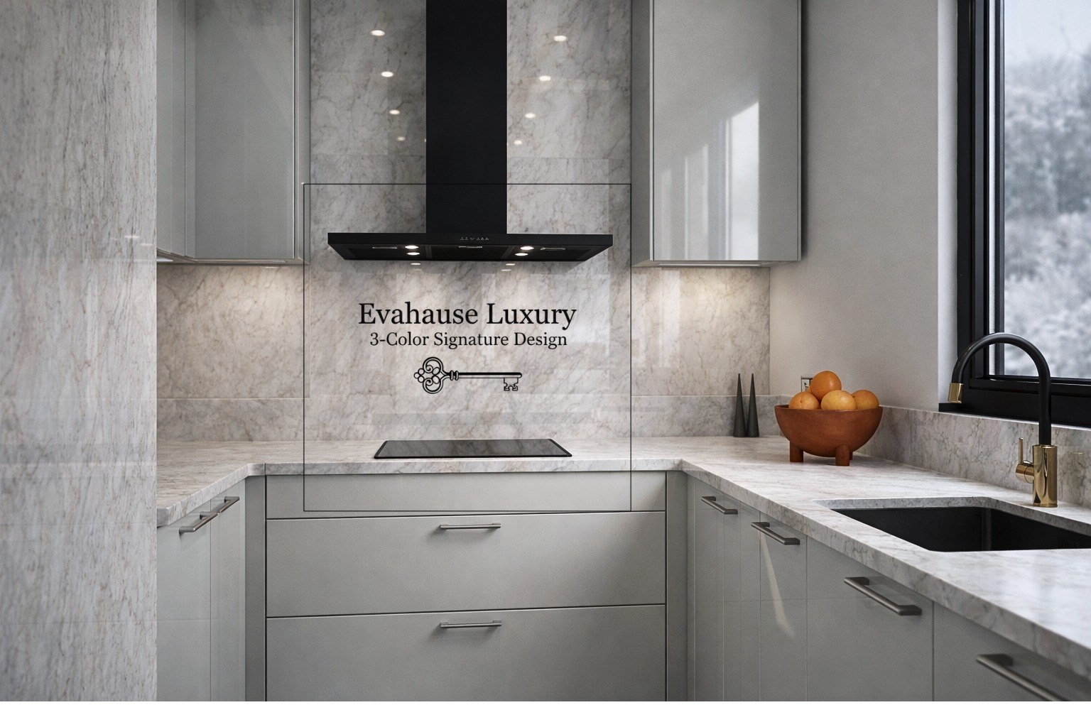 Nowoczesna kuchnia w odcieniach szarości z marmurowym blatem i czarnymi akcentami, oświetlona punktowo, z widocznym logo 'Evahause Luxury'.