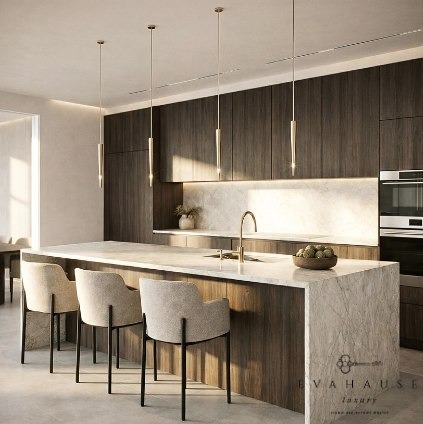 Nowoczesna kuchnia z wyspą i marmurowym blatem. Minimalistyczne lampy wiszące nad wyspą. Ciemne drewniane szafki i jasne krzesła barowe. Stonowana kolorystyka.
