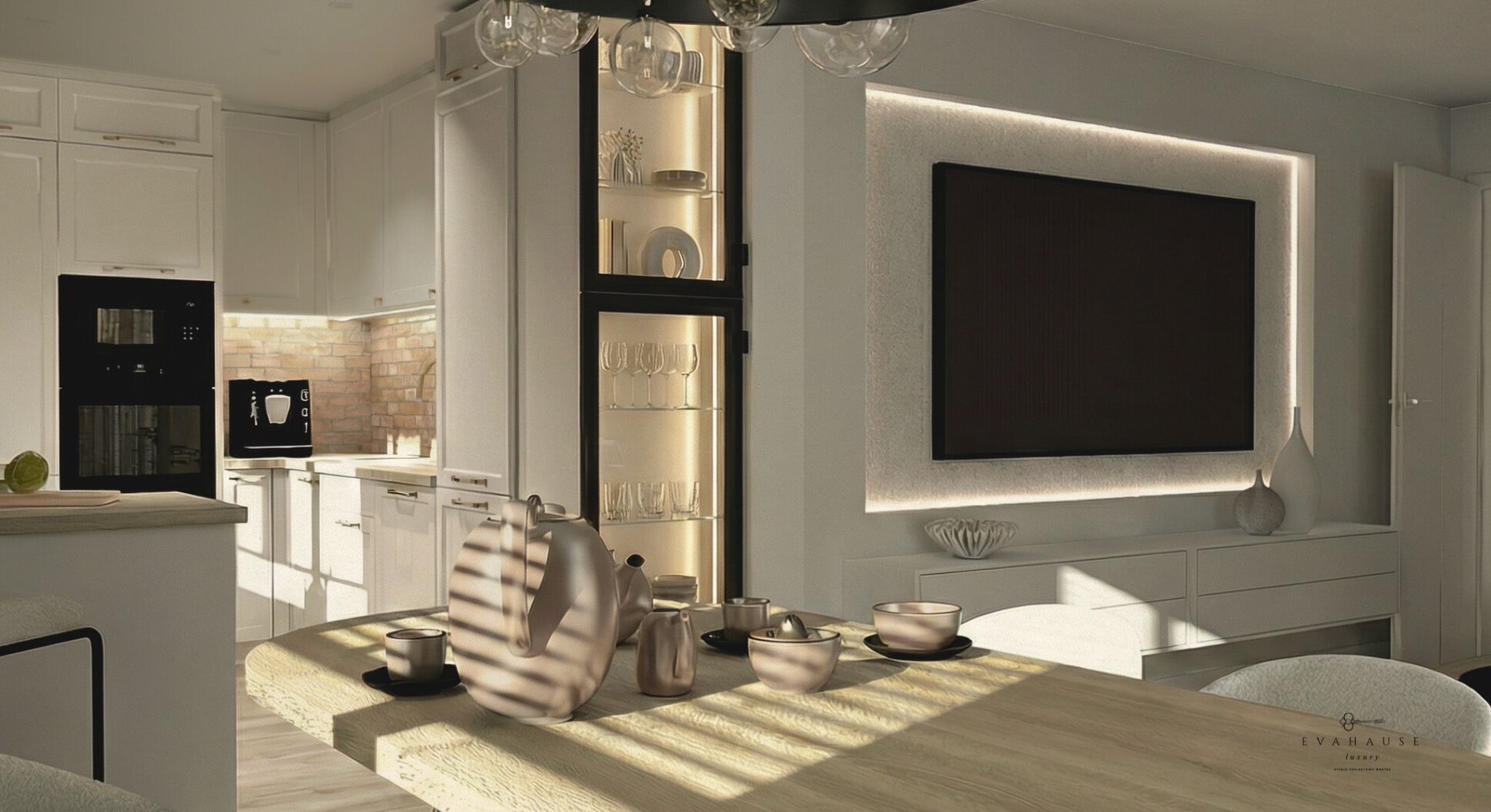 Elegancka jadalnia z kuchnią w tle. Białe meble, oświetlona witryna z szkłem, stół z zastawą w ciepłych barwach, telewizor z podświetleniem LED. Nowoczesny design.