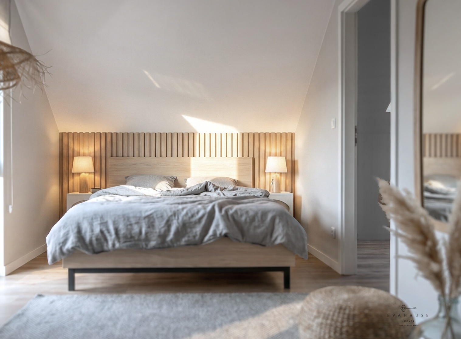 Jasna sypialnia na poddaszu z drewnianym zagłówkiem, lampkami nocnymi i szarym pledem na łóżku. W tle otwarte drzwi i dekoracje z traw pampasowych.