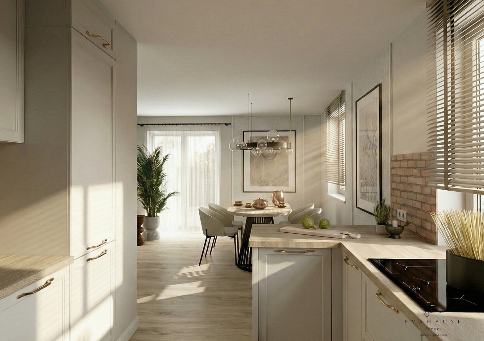 Jasna kuchnia z jadalnią w stylu nowoczesnym: beżowe szafki z złotymi uchwytami, drewniany blat, okrągły stół z krzesłami, rolety w oknach i dekoracje.