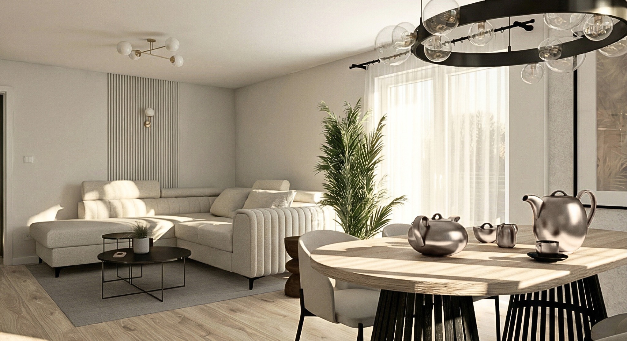 Jasne wnętrze z narożnikiem, okrągłym stołem i dekoracyjną lampą. Minimalistyczny design z akcentami drewna i roślin. Ustawienie stołu z serwisem do herbaty.
